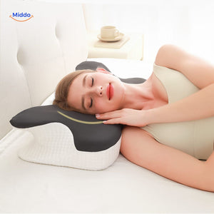 Close-up of ergonomic pillow texture and color showing massage surface details