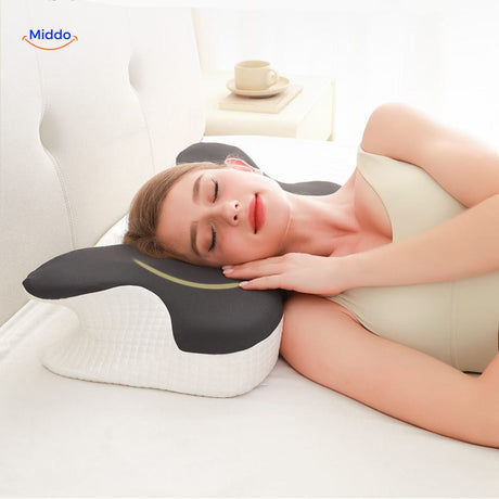Close-up of ergonomic pillow texture and color showing massage surface details