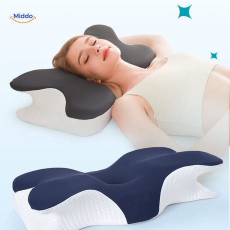 Woman lying down comfortably using ergonomic memory foam neck pillow