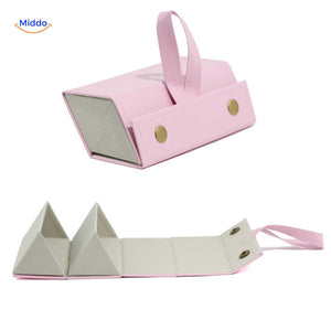 Pink foldable 2-slot eyeglasses case shown closed, displaying its soft pink exterior finish.