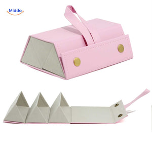 Pink 3-slot stylish foldable eyeglasses case open showing three separate padded compartments.