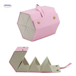 Pink 6-slot luxury foldable eyeglasses case fully open displaying all six compartments.