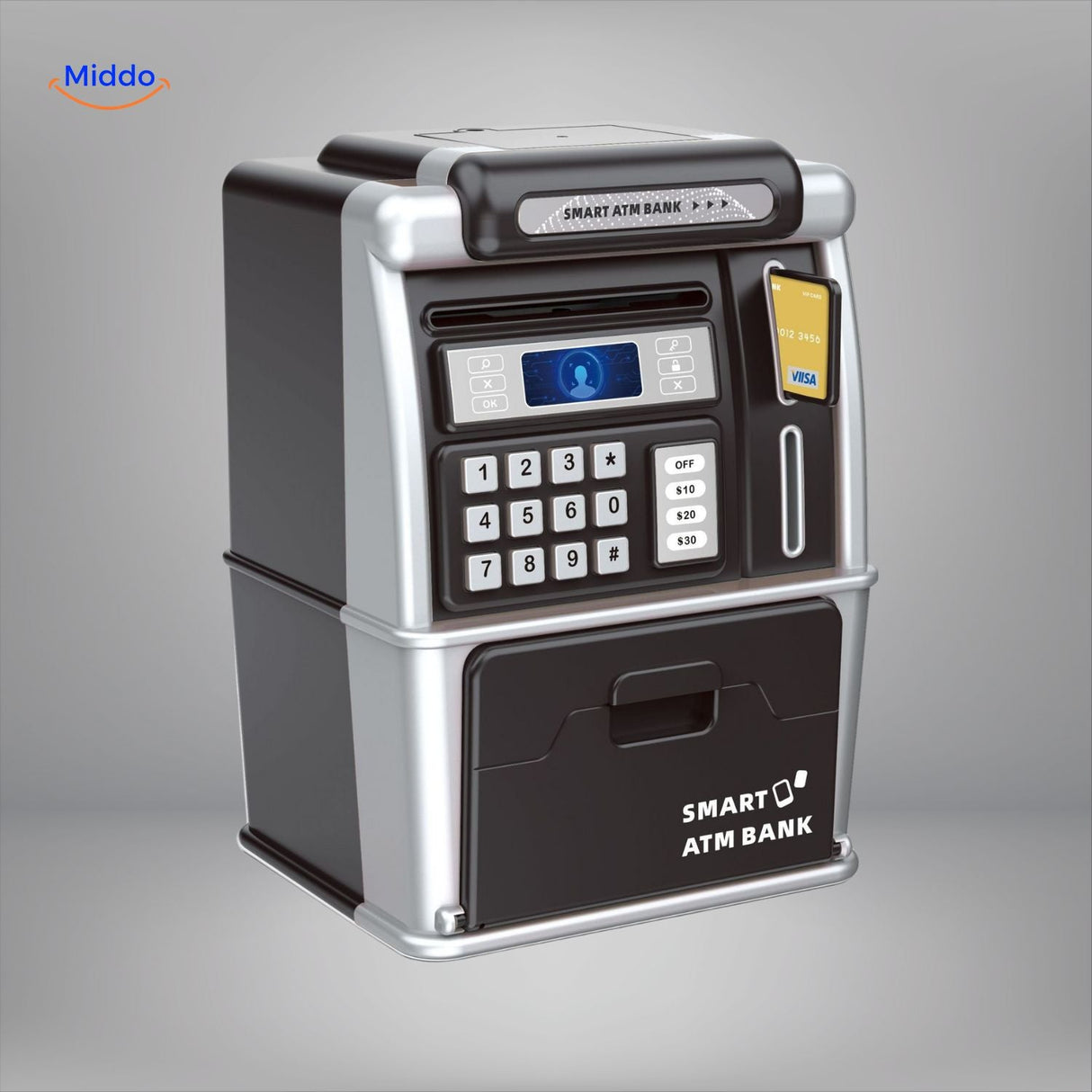 Pink ATM savings bank for kids with light-up PIN code lock feature.