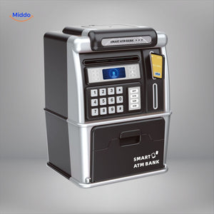 Pink ATM savings bank for kids with light-up PIN code lock feature.