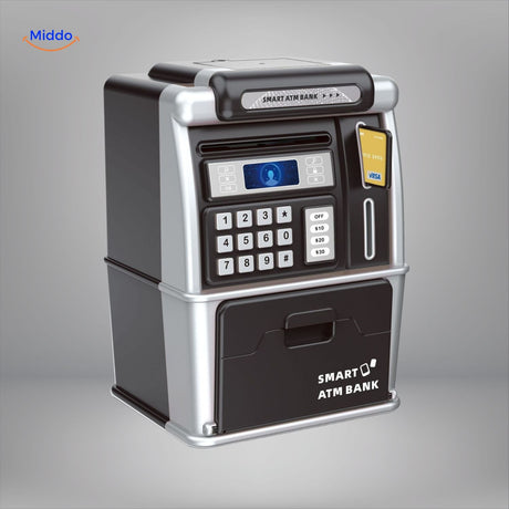 Pink ATM savings bank for kids with light-up PIN code lock feature.