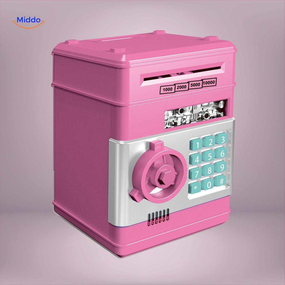 Pink electronic ATM with touchscreen display for interactive savings and coin deposit.