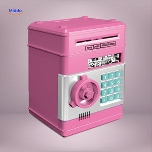 Pink electronic ATM with touchscreen display for interactive savings and coin deposit.