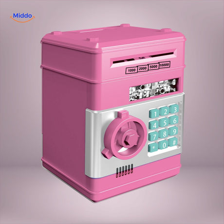 Pink electronic ATM with touchscreen display for interactive savings and coin deposit.