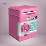 Pink electronic ATM with touchscreen display for interactive savings and coin deposit.