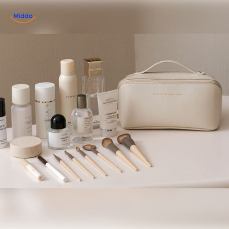 Pink and beige combination travel pouch for makeup