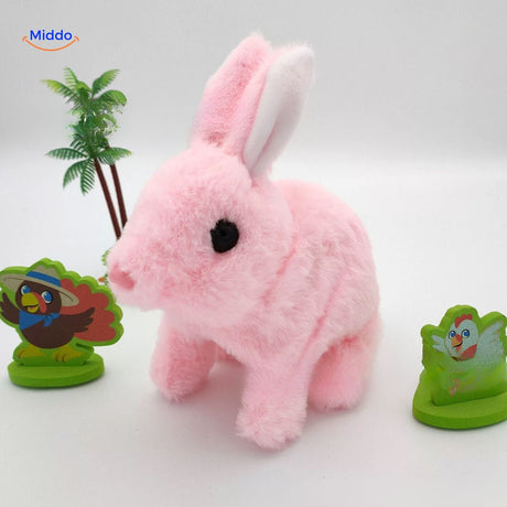 Playful pink bunny plush toy with colorful accessories, showcasing variety and charm.