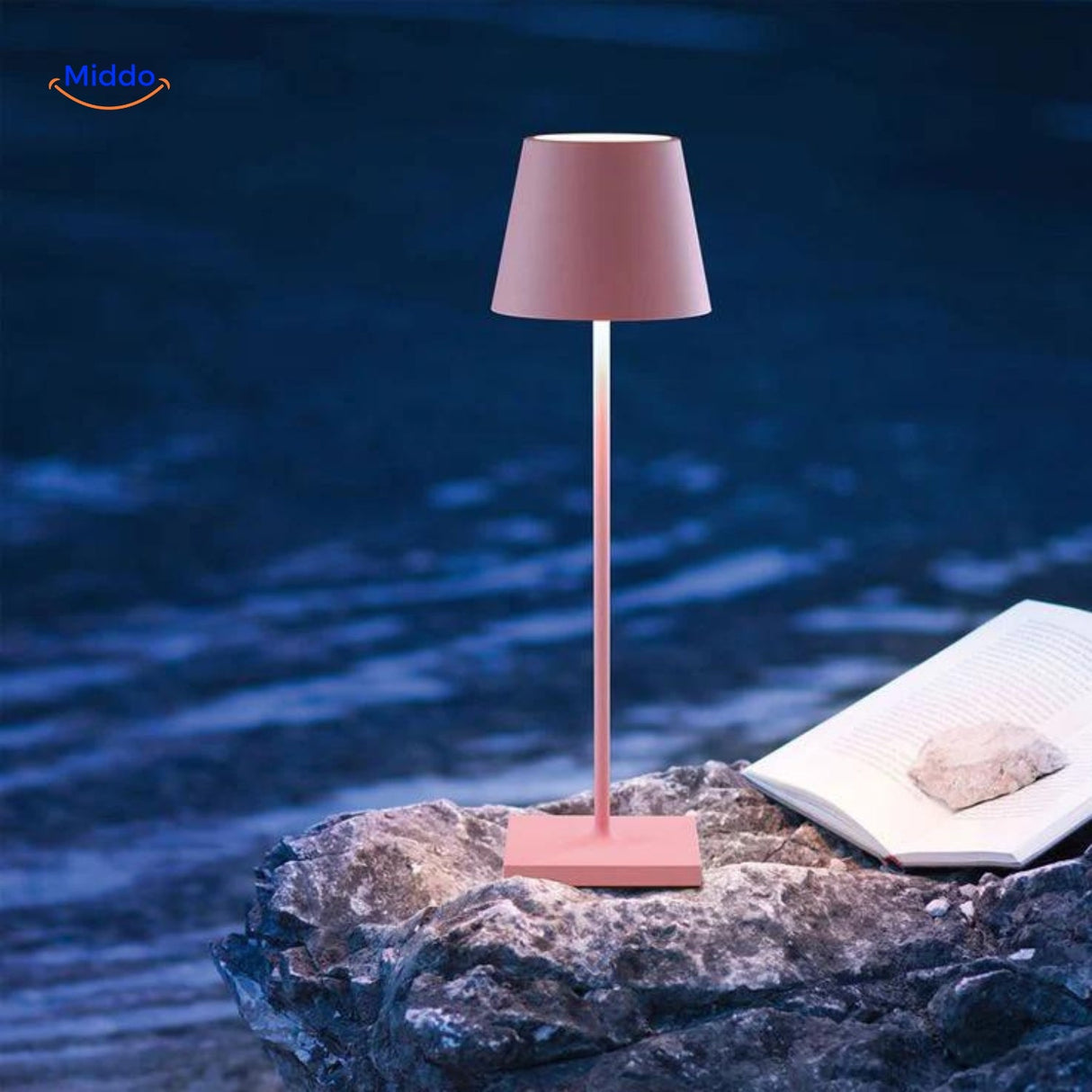 Pink cordless dimmable LED lamp with rechargeable USB-C battery.