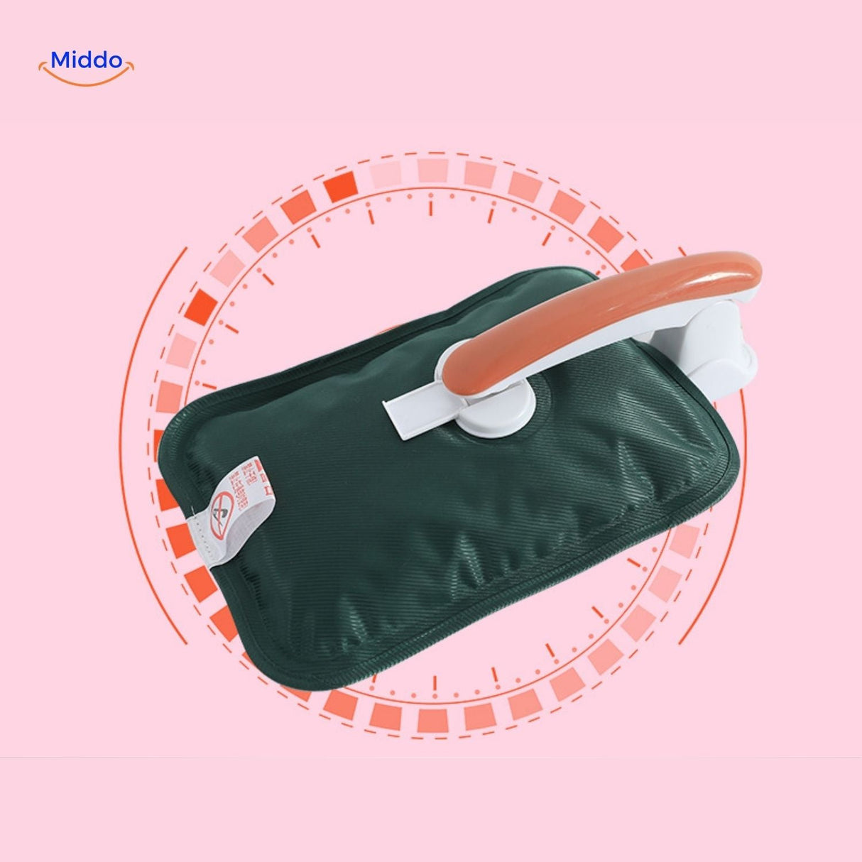 Pink heated foot warmer with measurement dimensions guide.