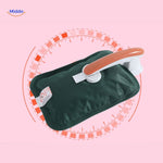 Pink heated foot warmer with measurement dimensions guide.