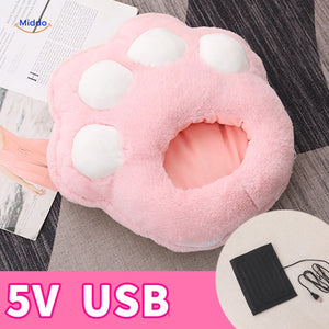 Pink heated foot warmer with charming white paws detail.