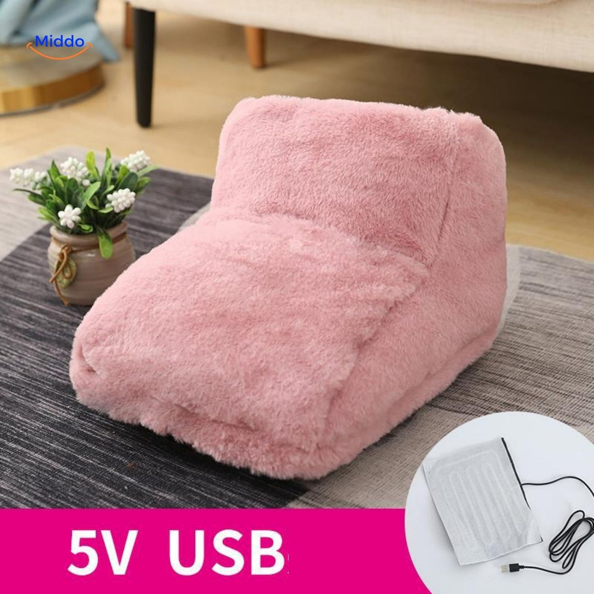 Pink heated foot warmer with USB cable for adjustable warmth.
