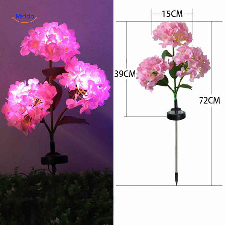 Pink hydrangea solar lantern with 72cm height specification for landscaping.