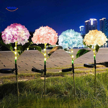 Pink hydrangea solar-powered garden lighting for outdoor landscape decoration.