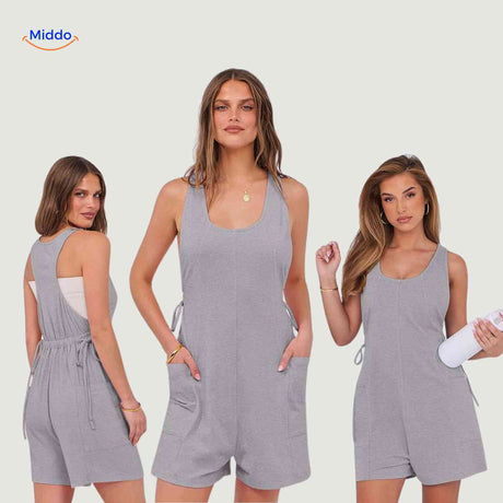 Three pink jumpsuit variations with adjustable drawstring and pockets.
