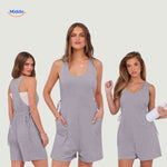 Three pink jumpsuit variations with adjustable drawstring and pockets.