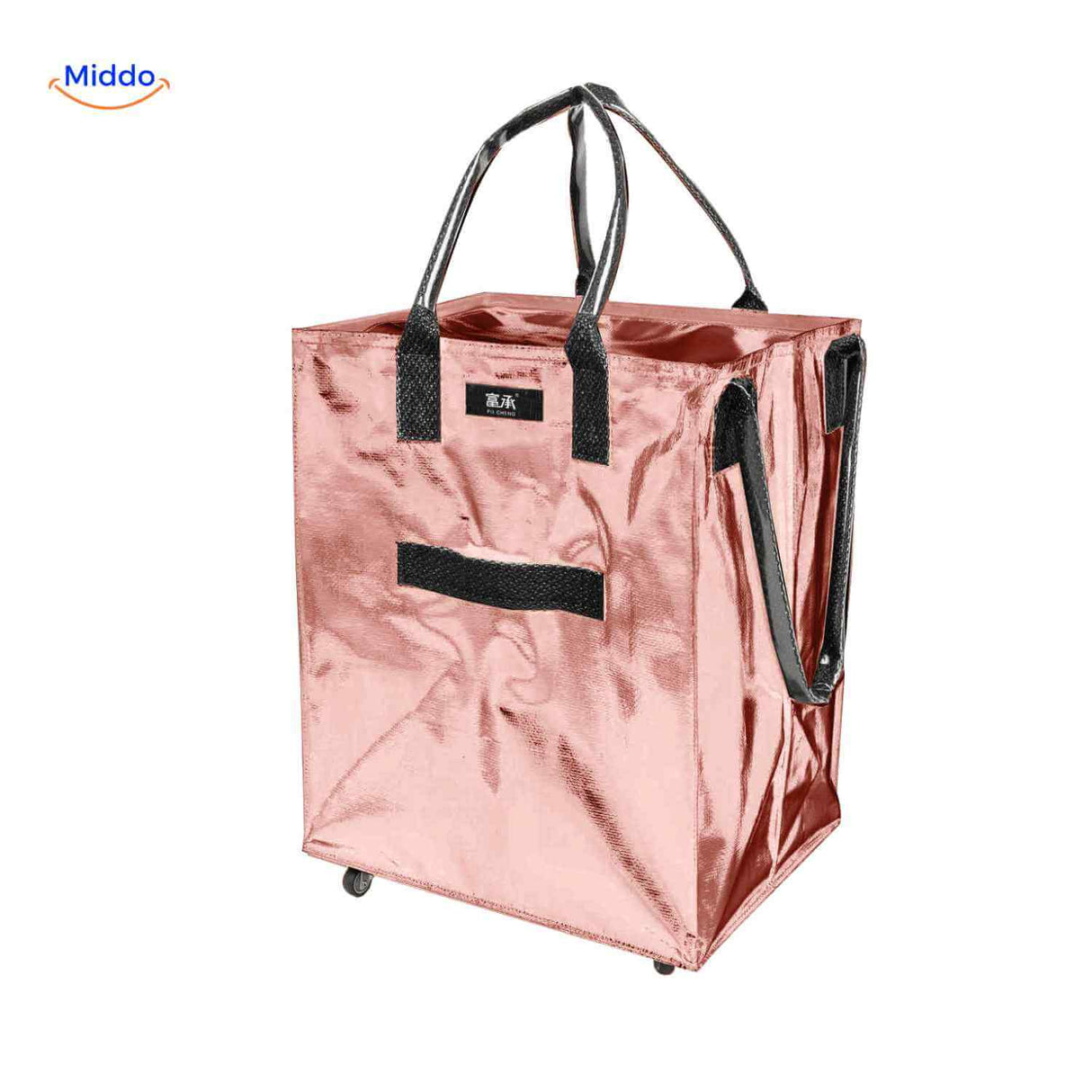 Pink metallic foldable shopping trolley with wheels and adjustable straps