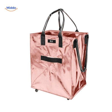 Pink metallic foldable shopping trolley with wheels and adjustable straps