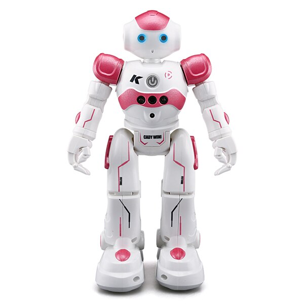 Pink gesture-responsive robot providing interactive entertainment for kids.