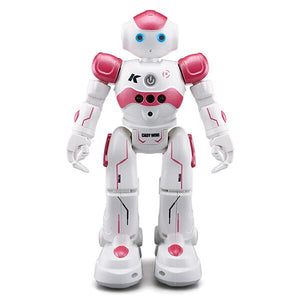 Pink gesture-responsive robot providing interactive entertainment for kids.