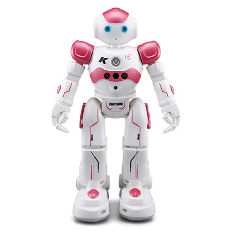 Pink gesture-responsive robot providing interactive entertainment for kids.