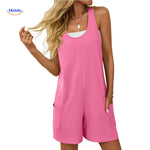 Pink open-back romper with comfortable fit and practical pocket storage.