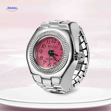 Pink round ring watch with quartz movement ideal for womens style.
