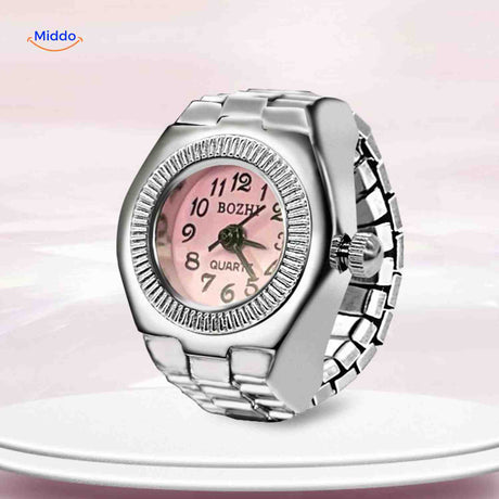 Pink round ring watch with stylish design crafted for womens wear.