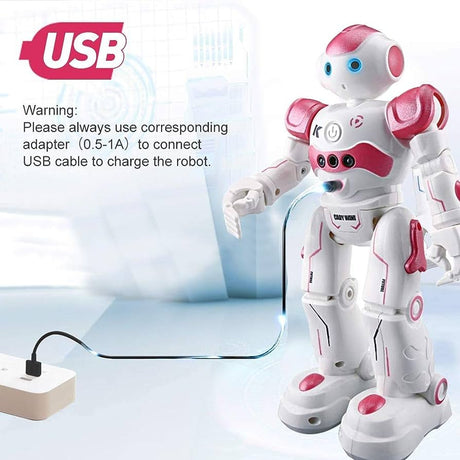 Pink smart robot with interactive voice and gesture recognition.