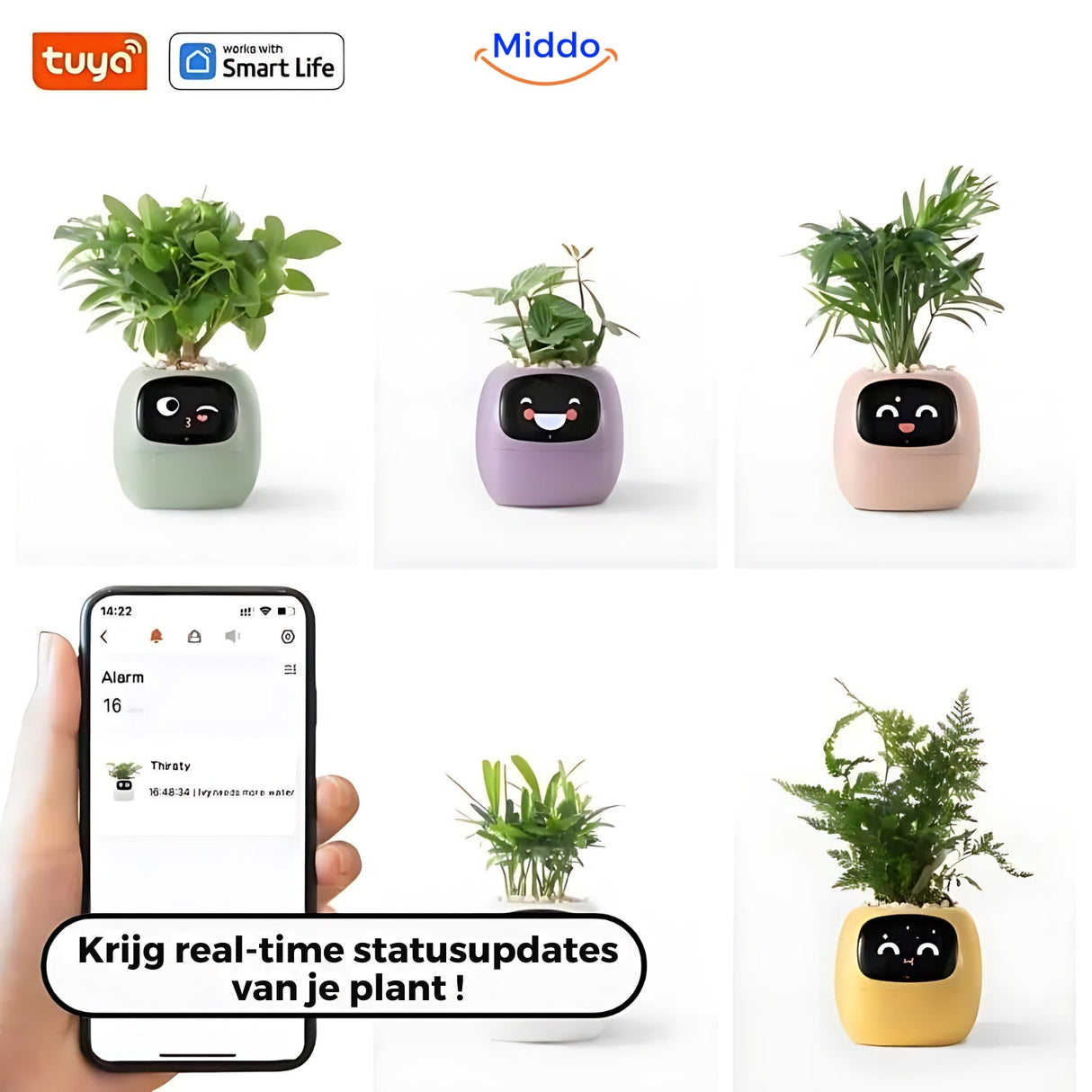Self-watering planter's app interface showing real-time plant health status updates and alerts.