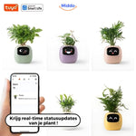 Self-watering planter's app interface showing real-time plant health status updates and alerts.