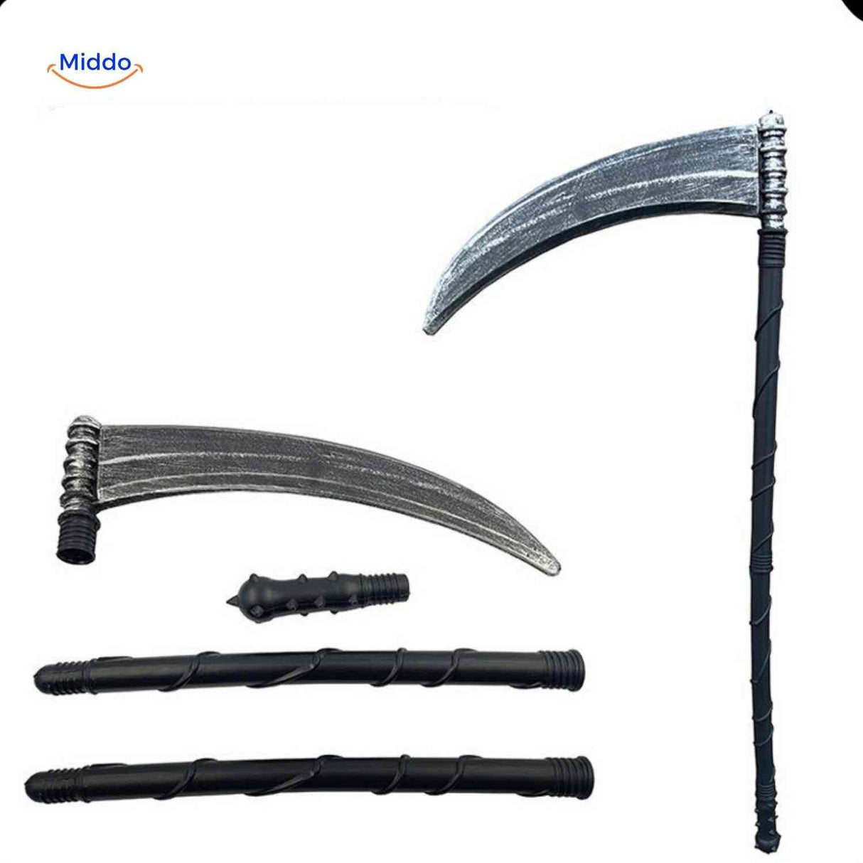 Plastic sickle weapon accessory assembled from multiple pieces.