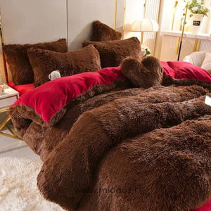 Burgundy teddy fleece bedding collection with soft texture and heart pillow gift