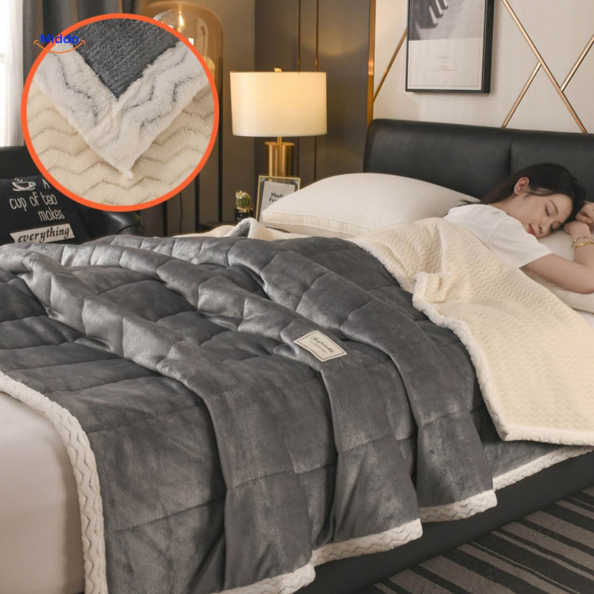 Grey and white combination wool blanket folded on bed.