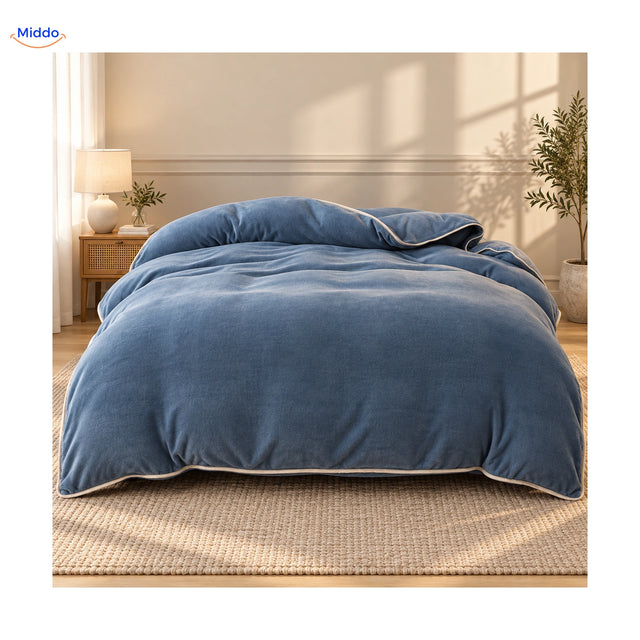 Plush duvet cover: steel blue bedroom styling