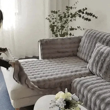 Gray luxury plush covers featuring non-slip backing for secure, wrinkle-free furniture fit.