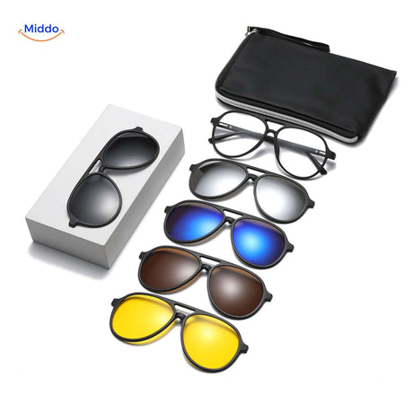 Polarized interchangeable clip-on lenses displayed alongside matching protective sunglasses case.