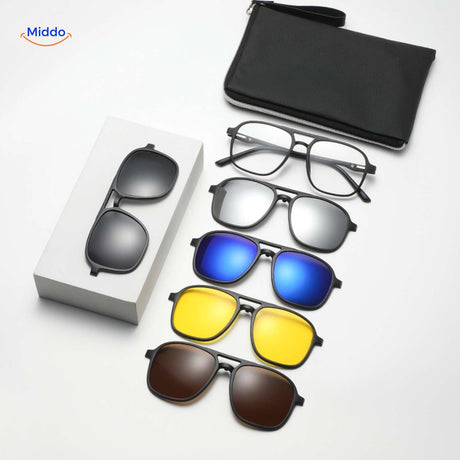Polarized magnetic sunglasses complete package with frame and five interchangeable clip-on lenses included.