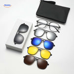 Polarized magnetic sunglasses complete package with frame and five interchangeable clip-on lenses included.