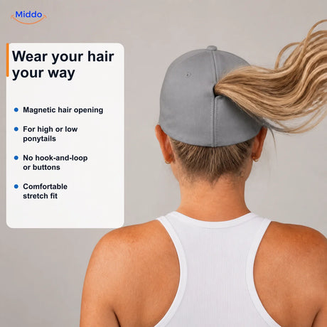 Blonde woman shows hair passing locally through the Ponylite magnetic rear seam