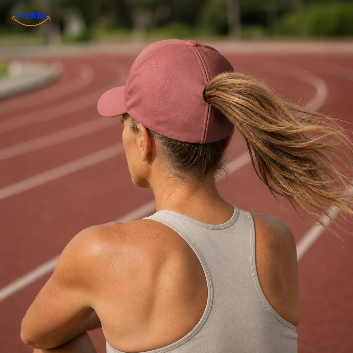 Woman with dark-blonde hair wears a rose-red Ponylite cap while running