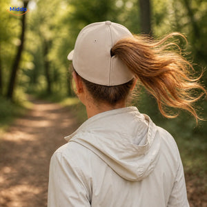 Woman with chestnut hair wears a beige Ponylite cap on a woodland walk