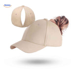 Beige ponytail cap with hair opening for casual daily wear and comfort.