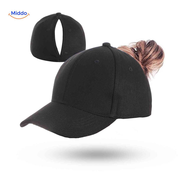 Classic black ponytail cap for women with magnetic closure, fashionable design.