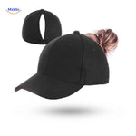 Classic black ponytail cap for women with magnetic closure, fashionable design.