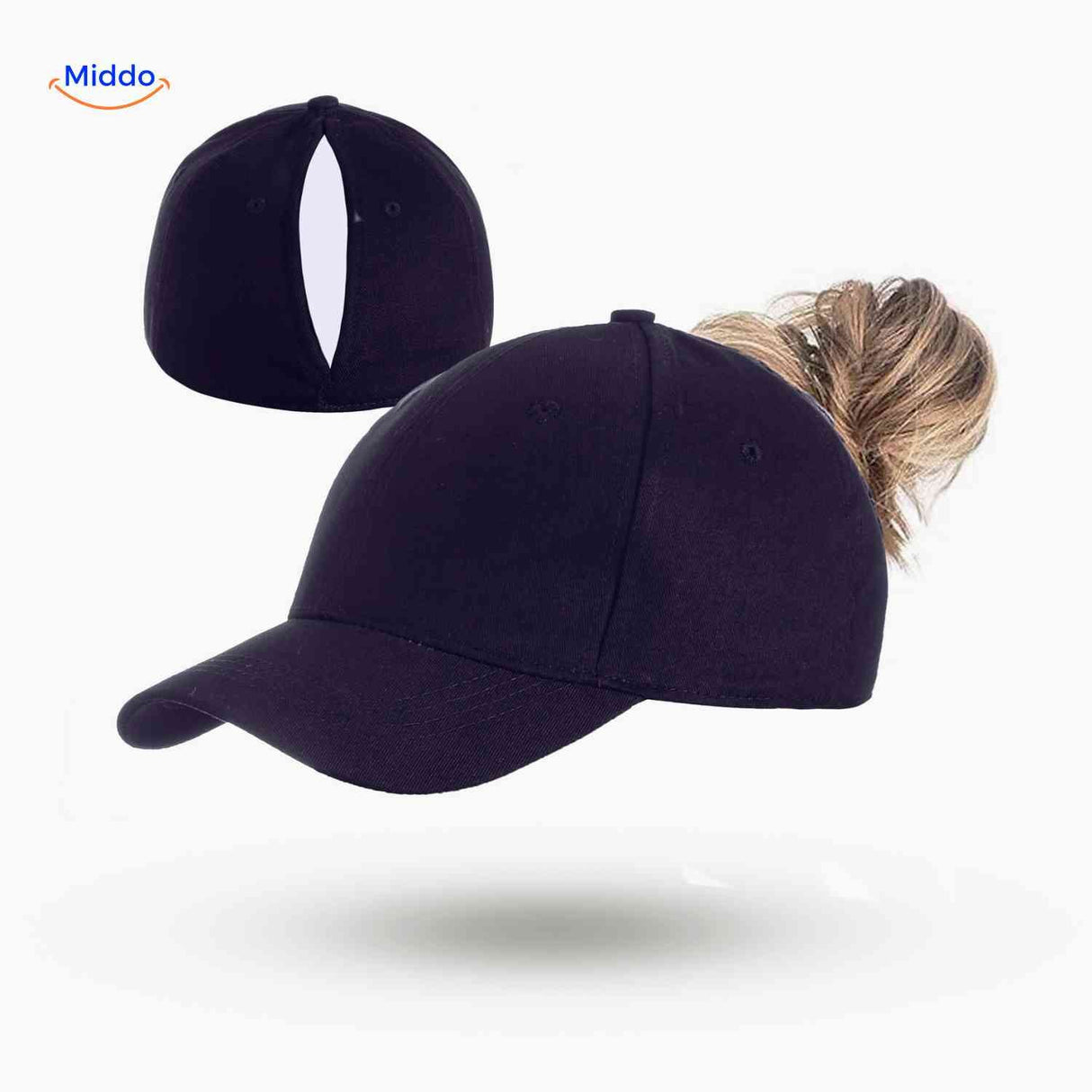 Black ponytail cap with pony slot, classic and elegant magnetic design.
